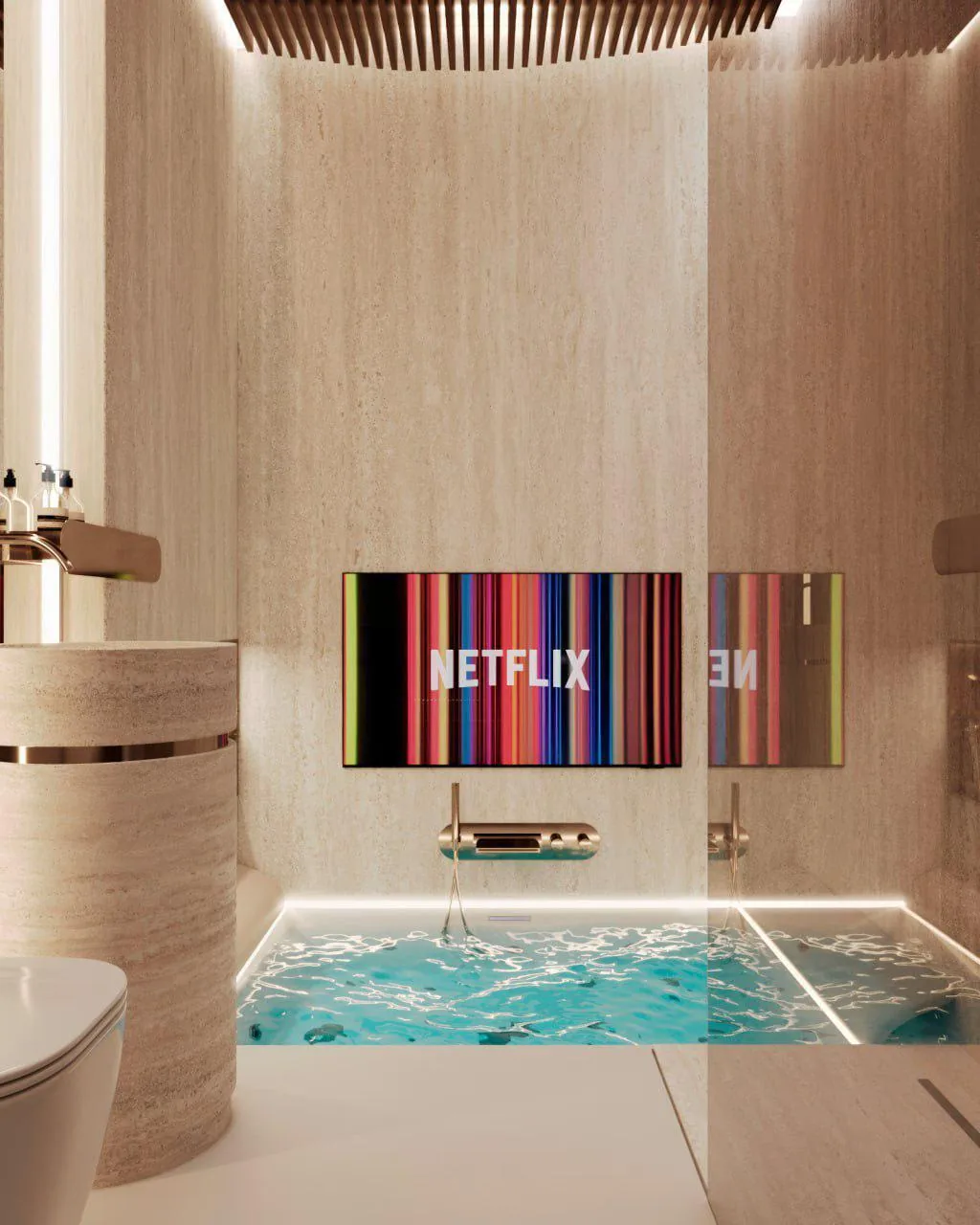 Bathroom with plunge tub and screen
