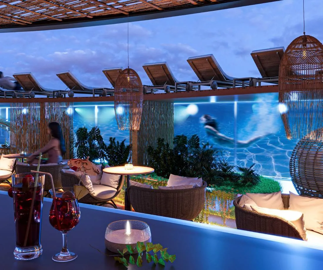 Pool bar with cocktails in the evening