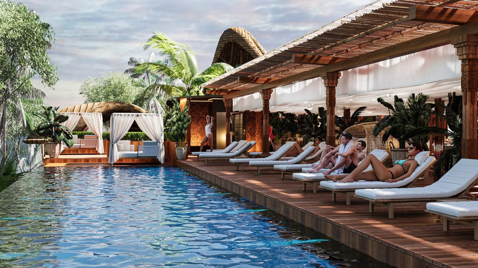 Rooftop pool deck with sun loungers at Buddha Club House