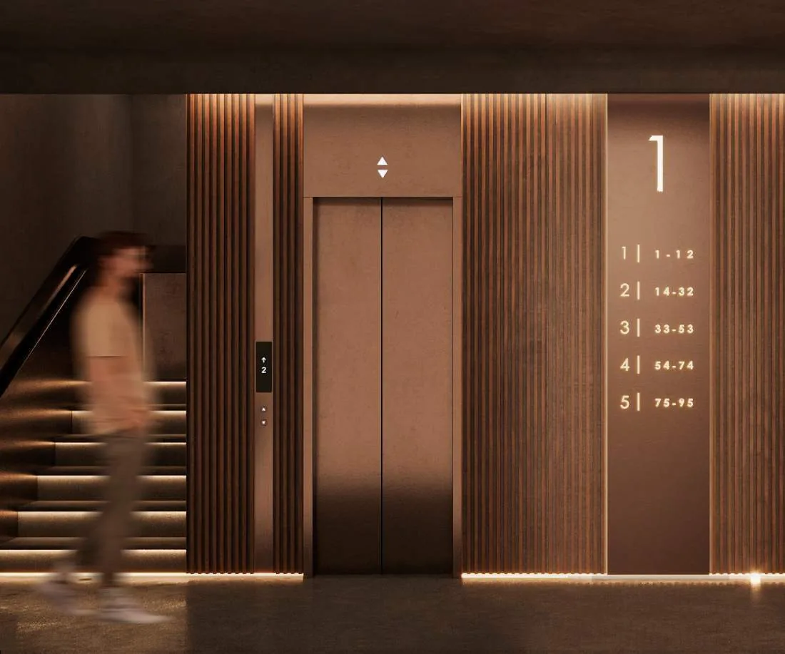 Elevator lobby with floor directory