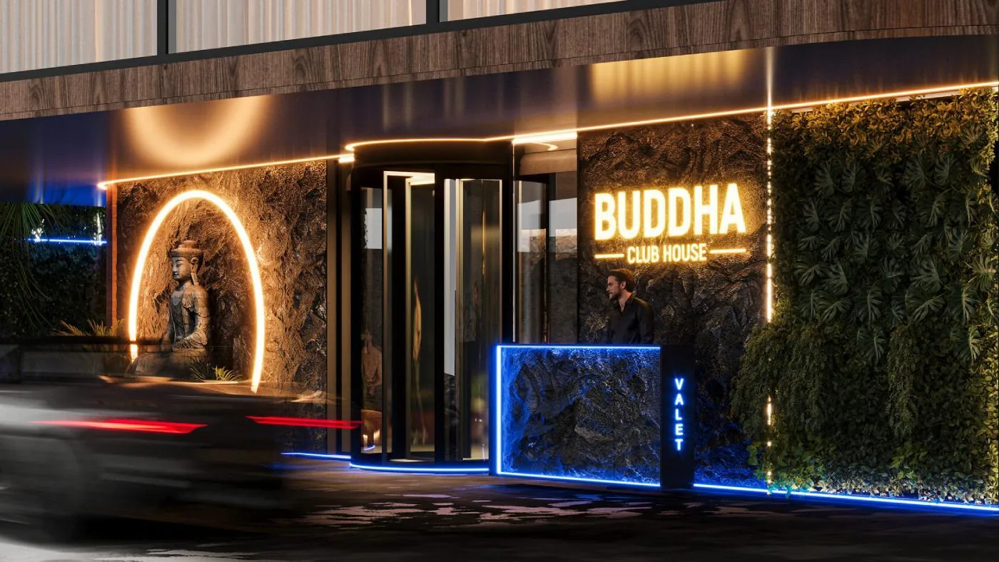 Buddha Club House facade at night