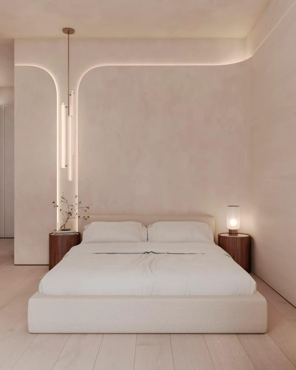 Bedroom interior with travertine walls