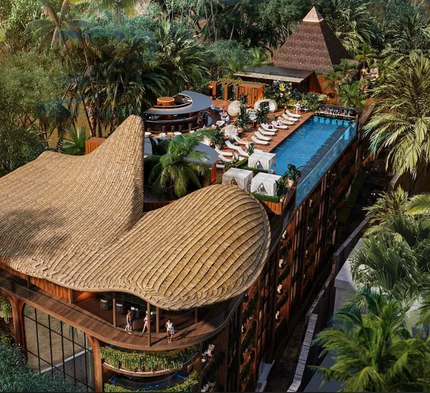 Aerial view of the Buddha Club House rooftop pool and club floor
